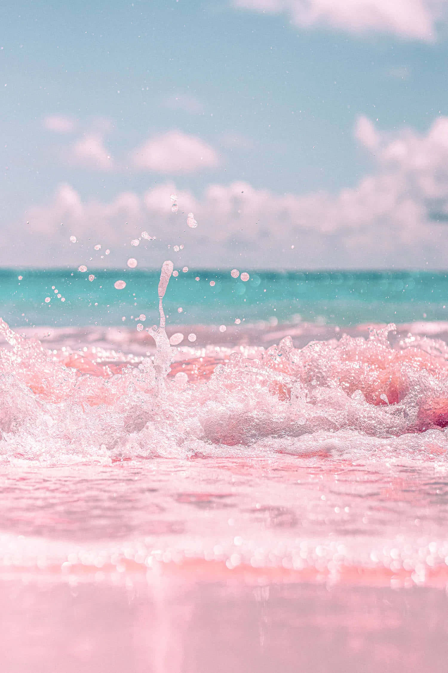 pink wave, beach, soft blue sky, Full HD Phone Wallpaper