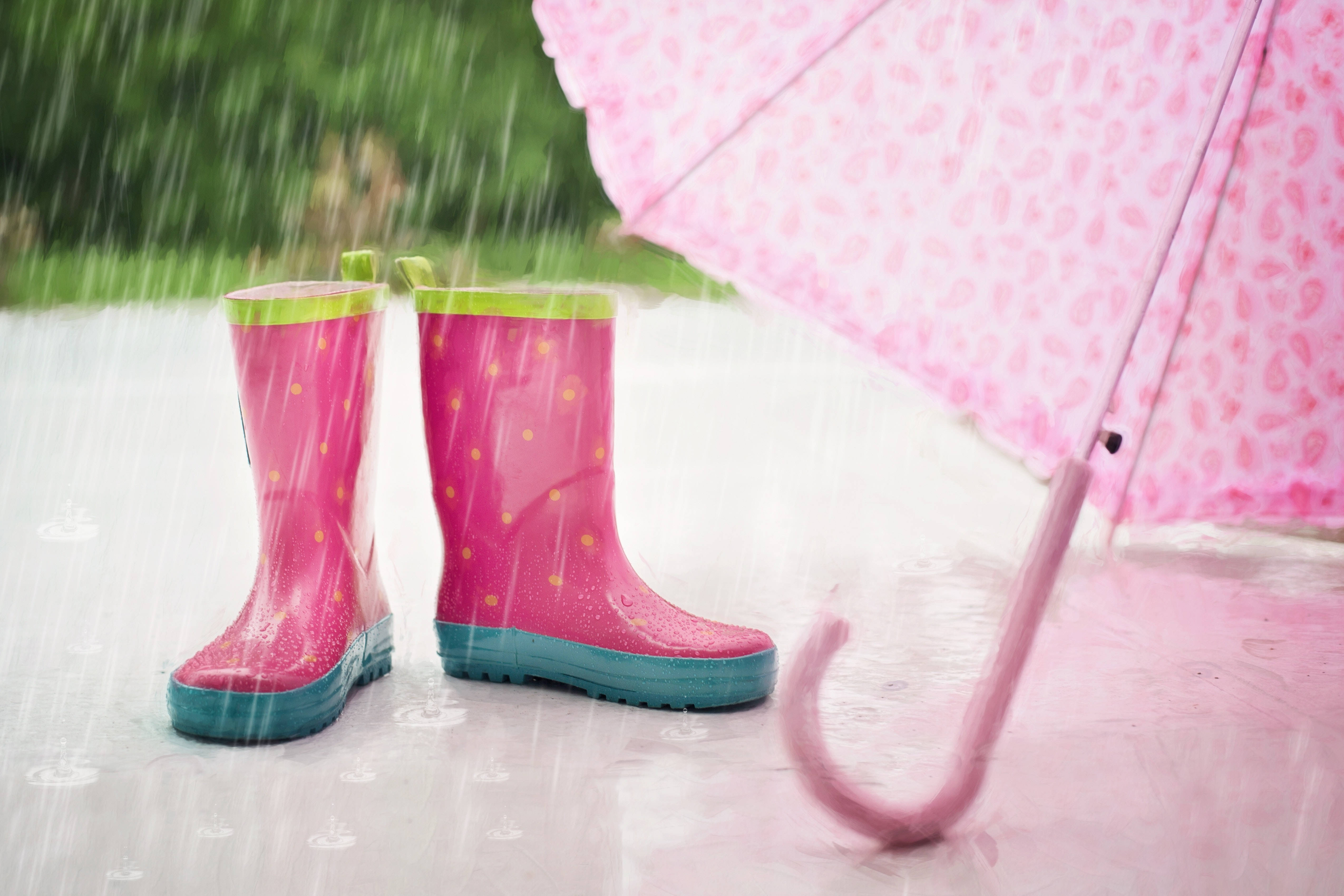 Pink Polka-Dot Rain Boots, Matching Umbrella, Wet Pavement, 4K Desktop Wallpaper