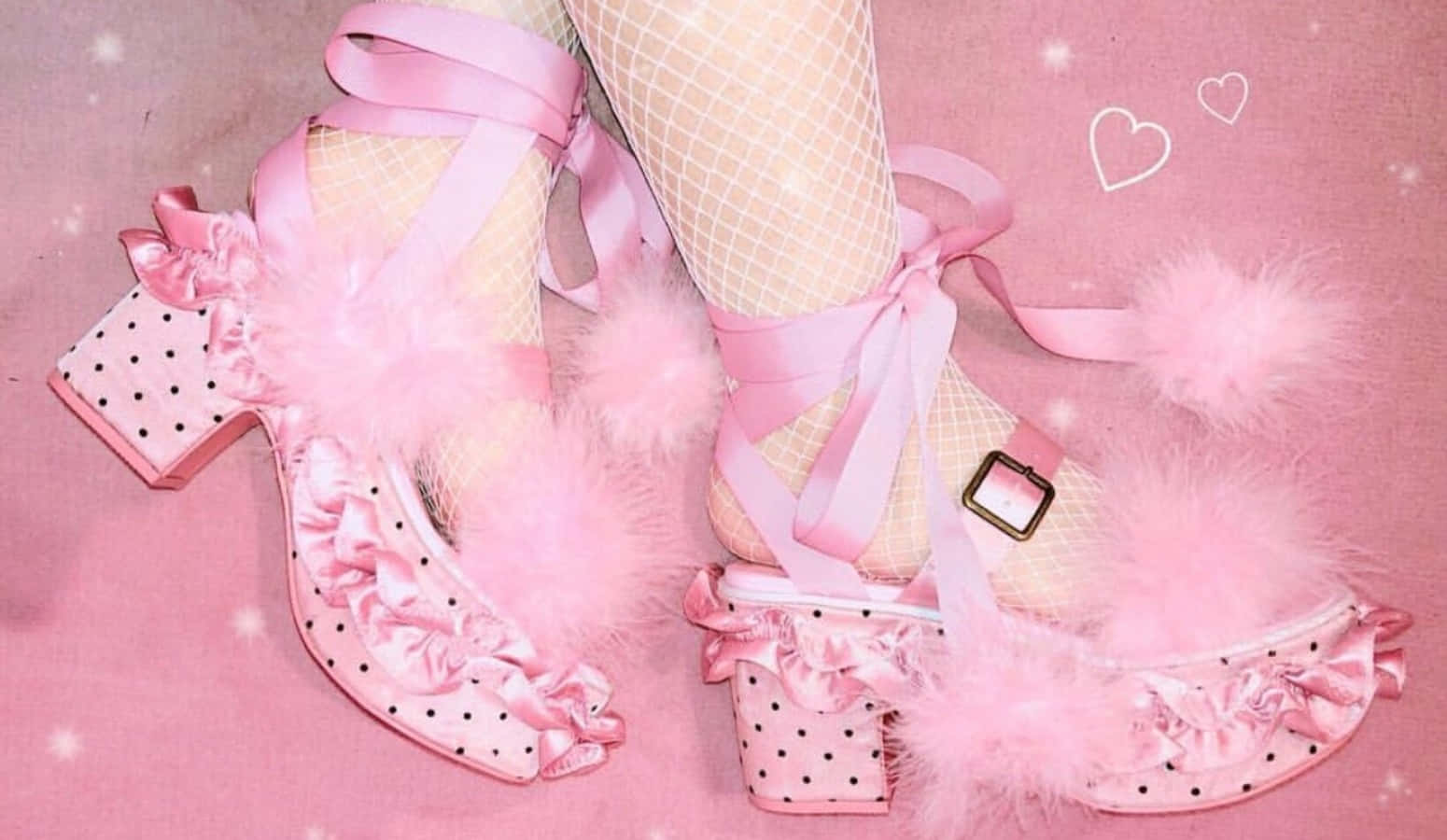 Pink Shoes, polka-dot heels, fluffy pom-poms, HD Desktop Wallpaper