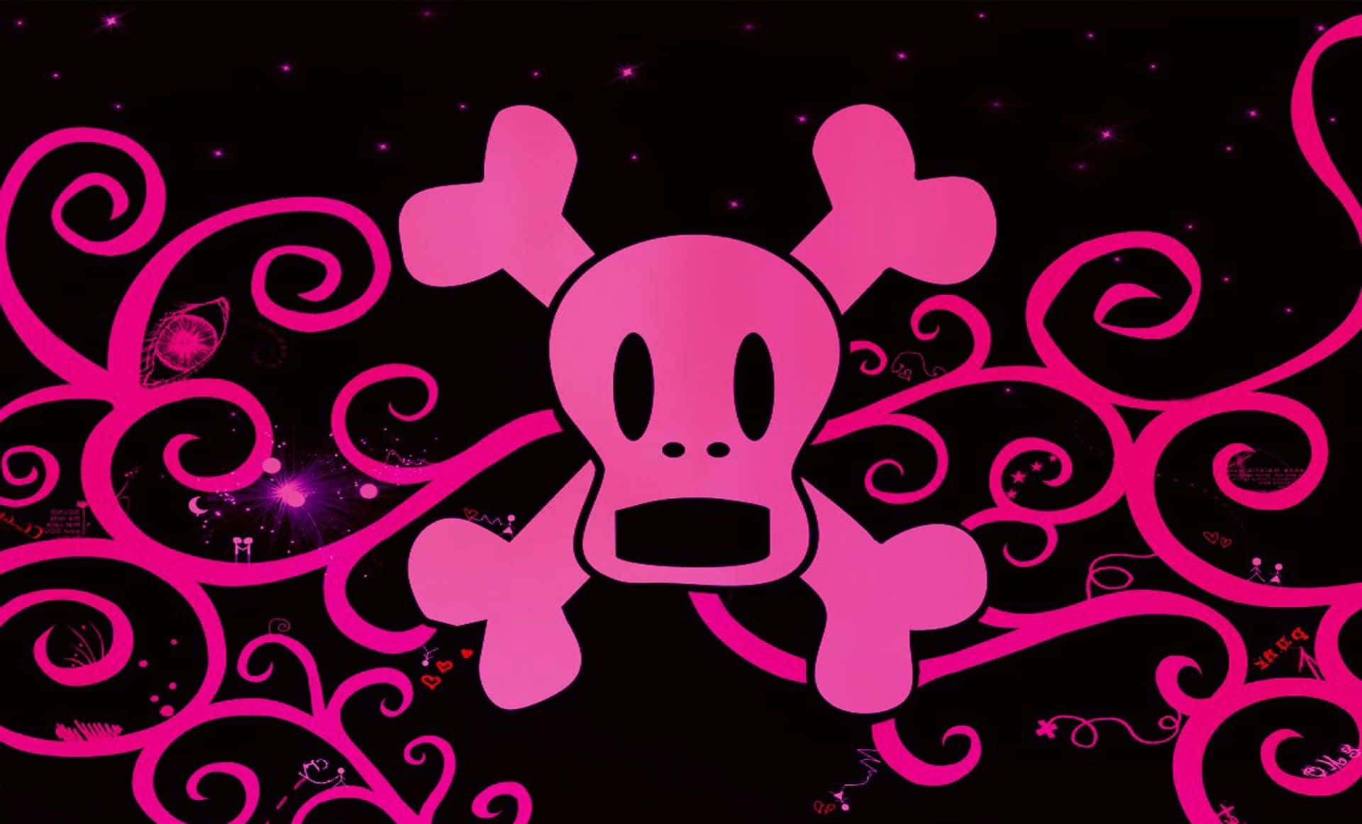 pink skull, skull and crossbones, swirling vines, Full HD Desktop Wallpaper