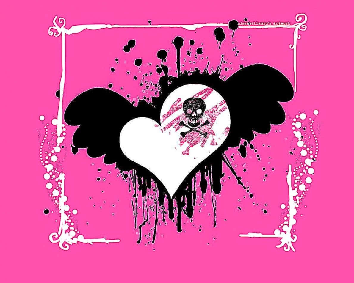 Pink Skull, white heart, black wings, SD Desktop Wallpaper