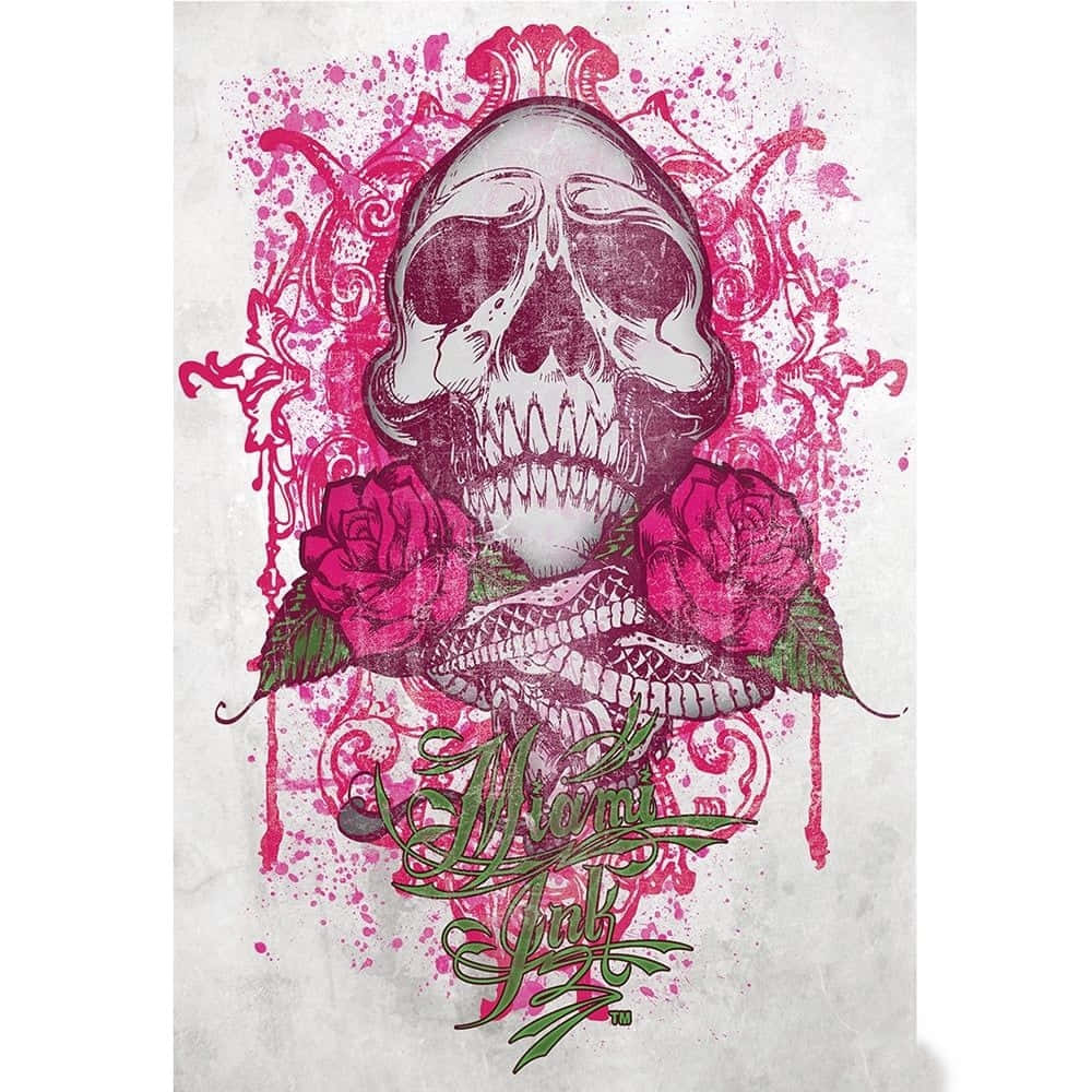 Pink Skull, roses, pink splatters, SD Desktop Wallpaper