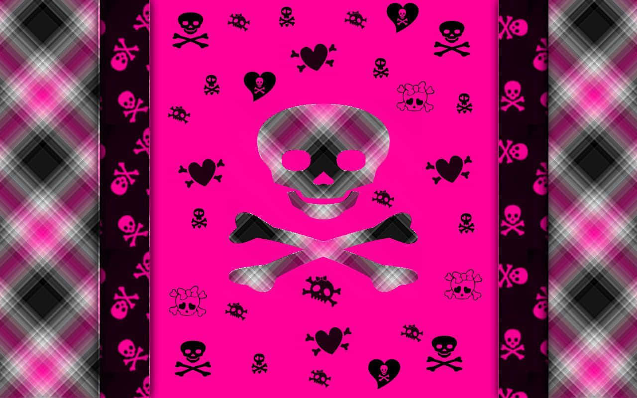 Pink Skull, skull and crossbones, plaid pattern, HD Desktop Wallpaper