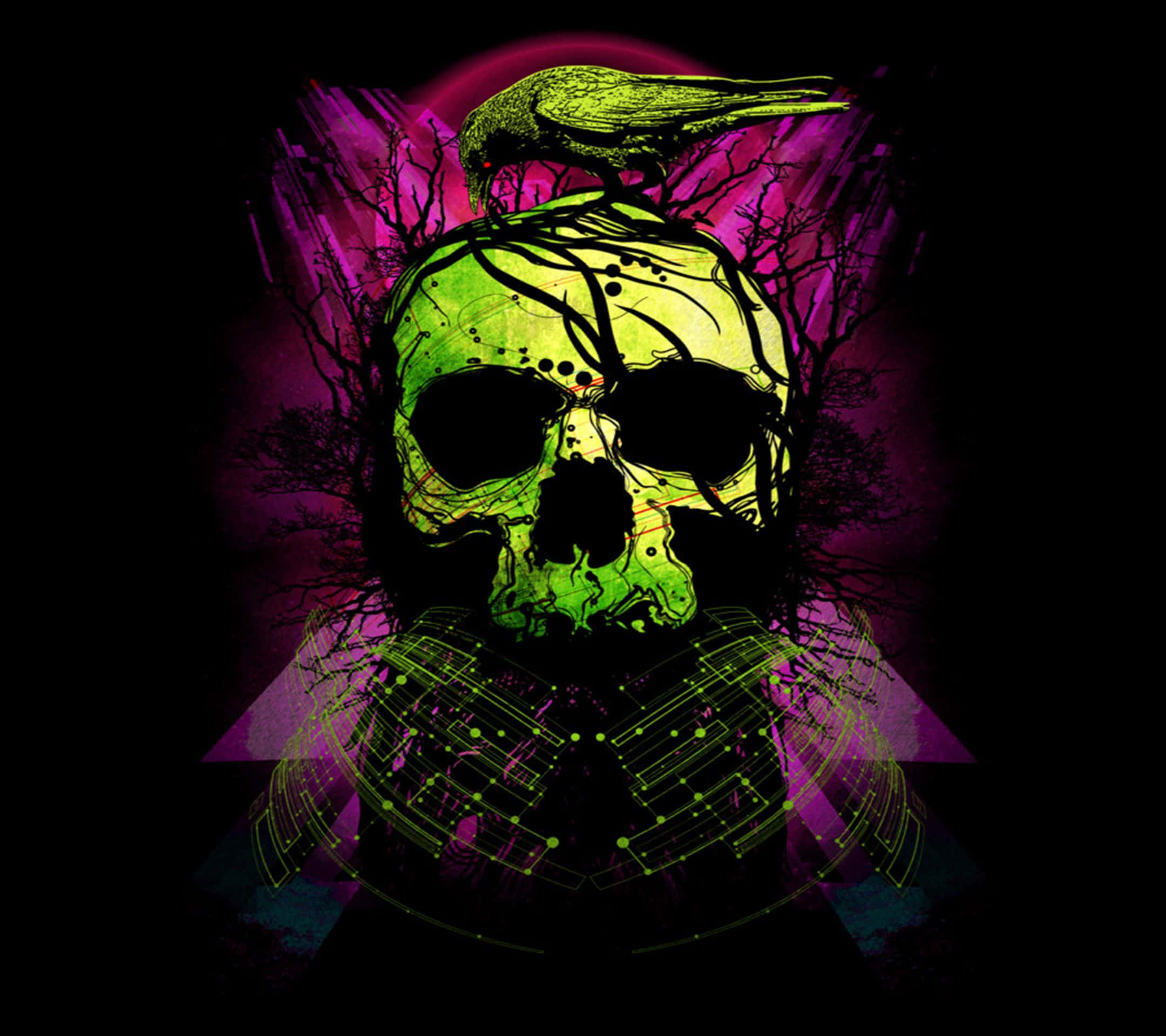 Pink Skull, glowing green skull, crow, Full HD Desktop Wallpaper
