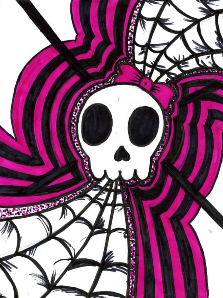 Pink Skull, pink and black striped hair, bow, SD Phone Wallpaper