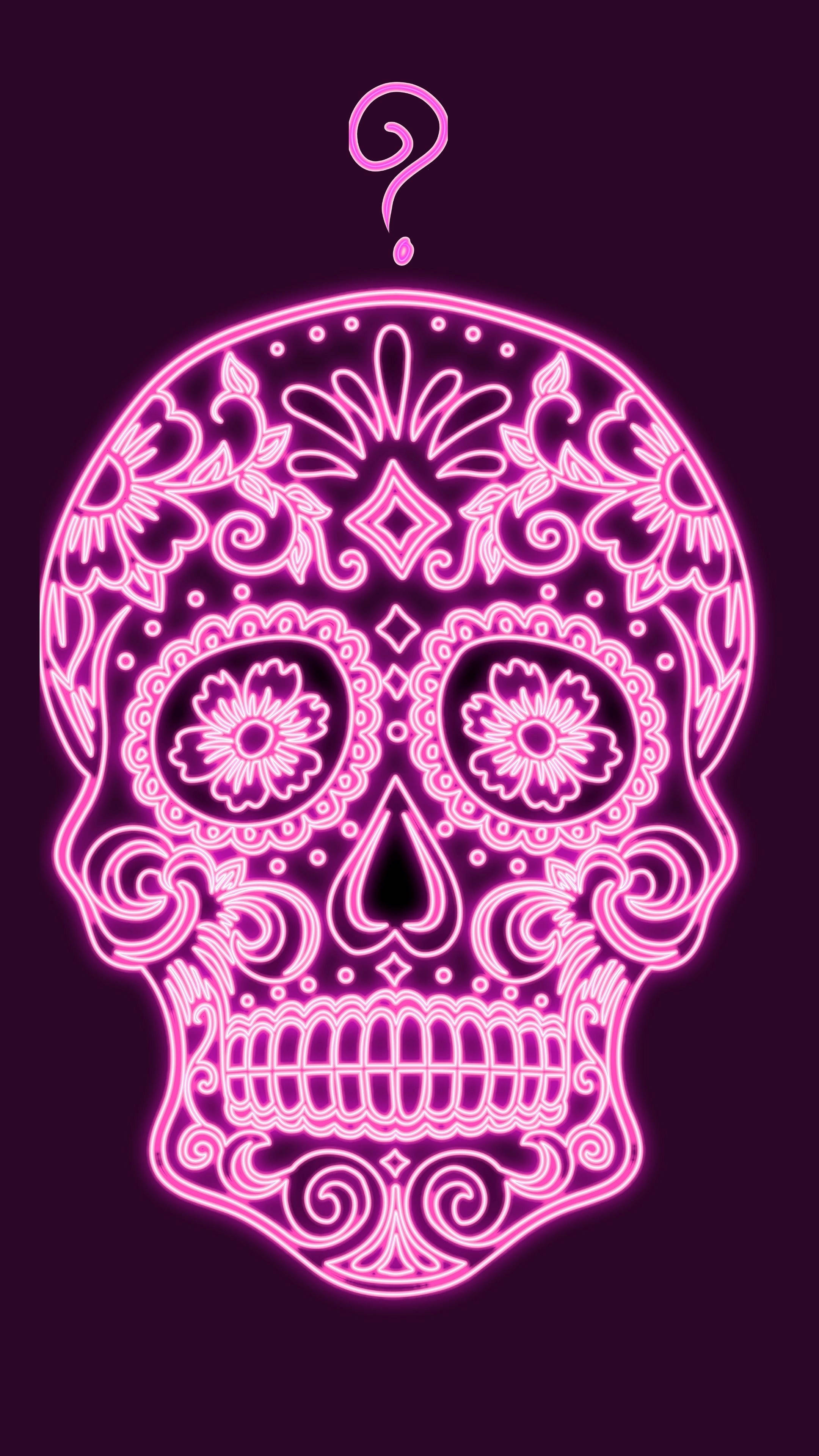 neon pink, sugar skull, floral patterns, 4K Phone Wallpaper