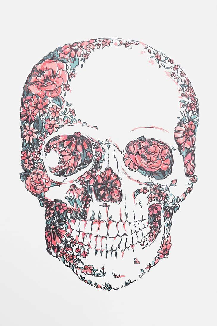 girly skull, vibrant pink, red flowers, SD Phone Wallpaper