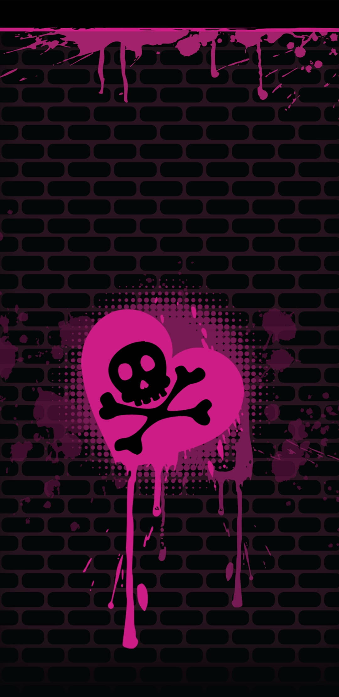 pink skull, graffiti tag, dark brick wall, Full HD Phone Wallpaper
