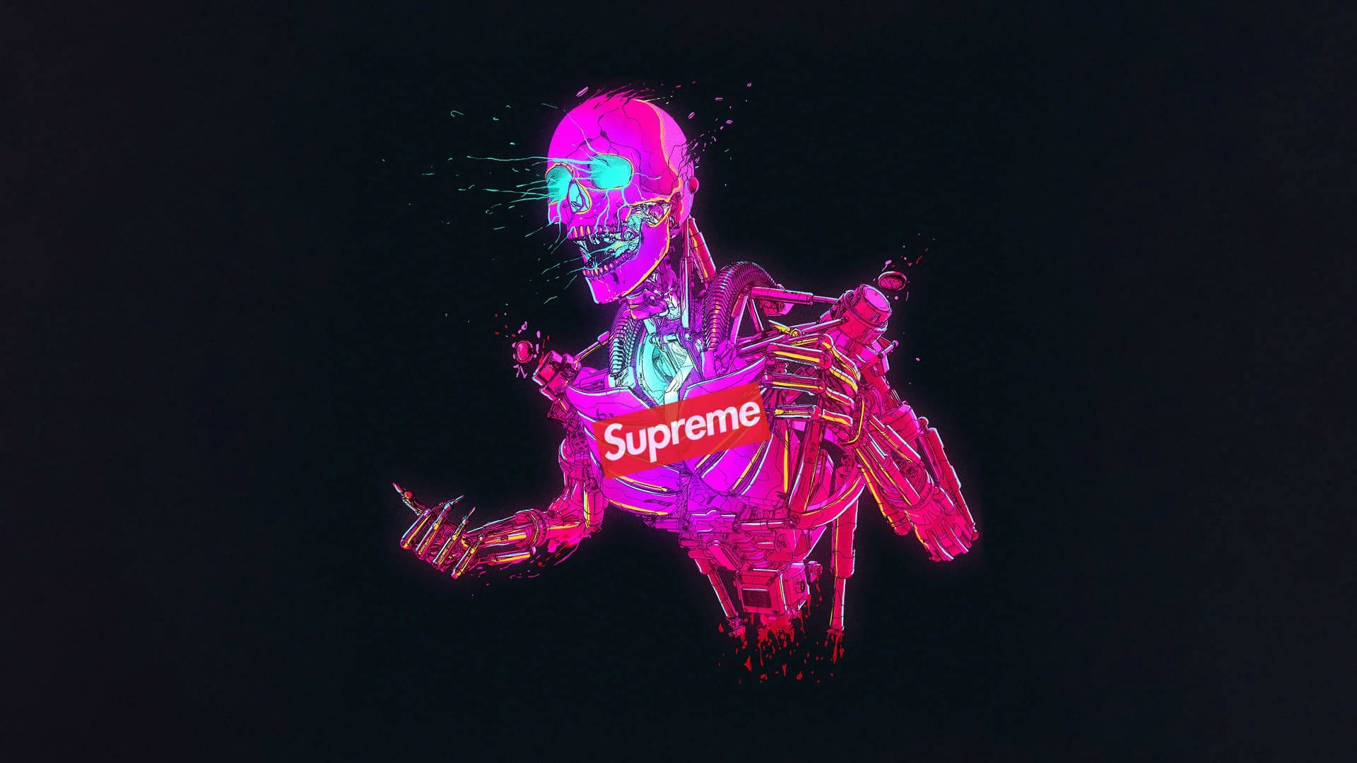 Supreme hoodie, neon-pink cybernetic skeleton, glowing cyan eyes, Full HD Desktop Wallpaper