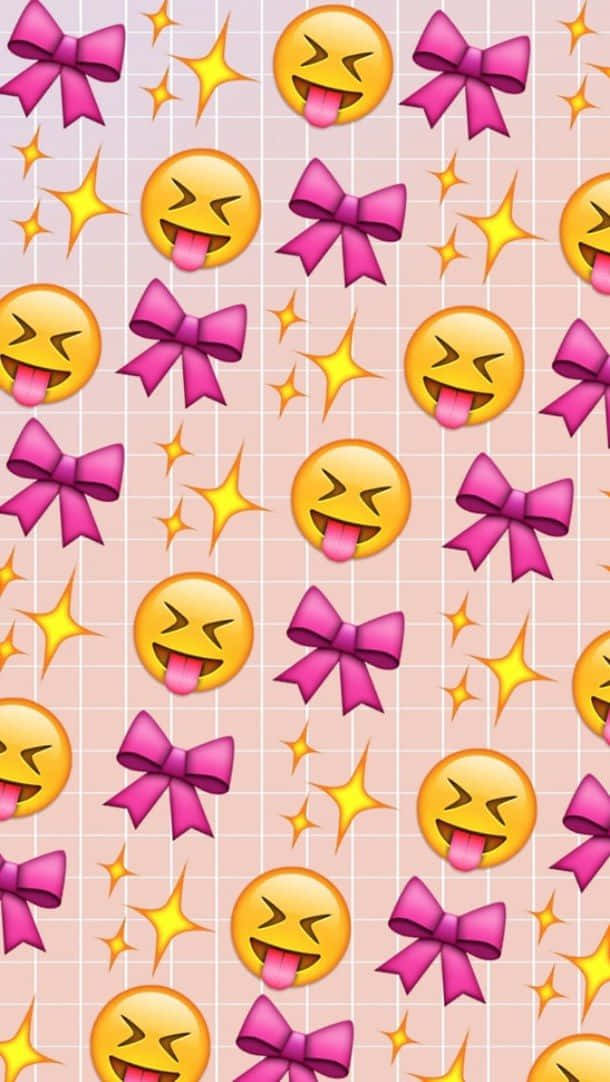 Pink Smiley Face, winking tongue-out emojis, pink bows, SD Phone Wallpaper