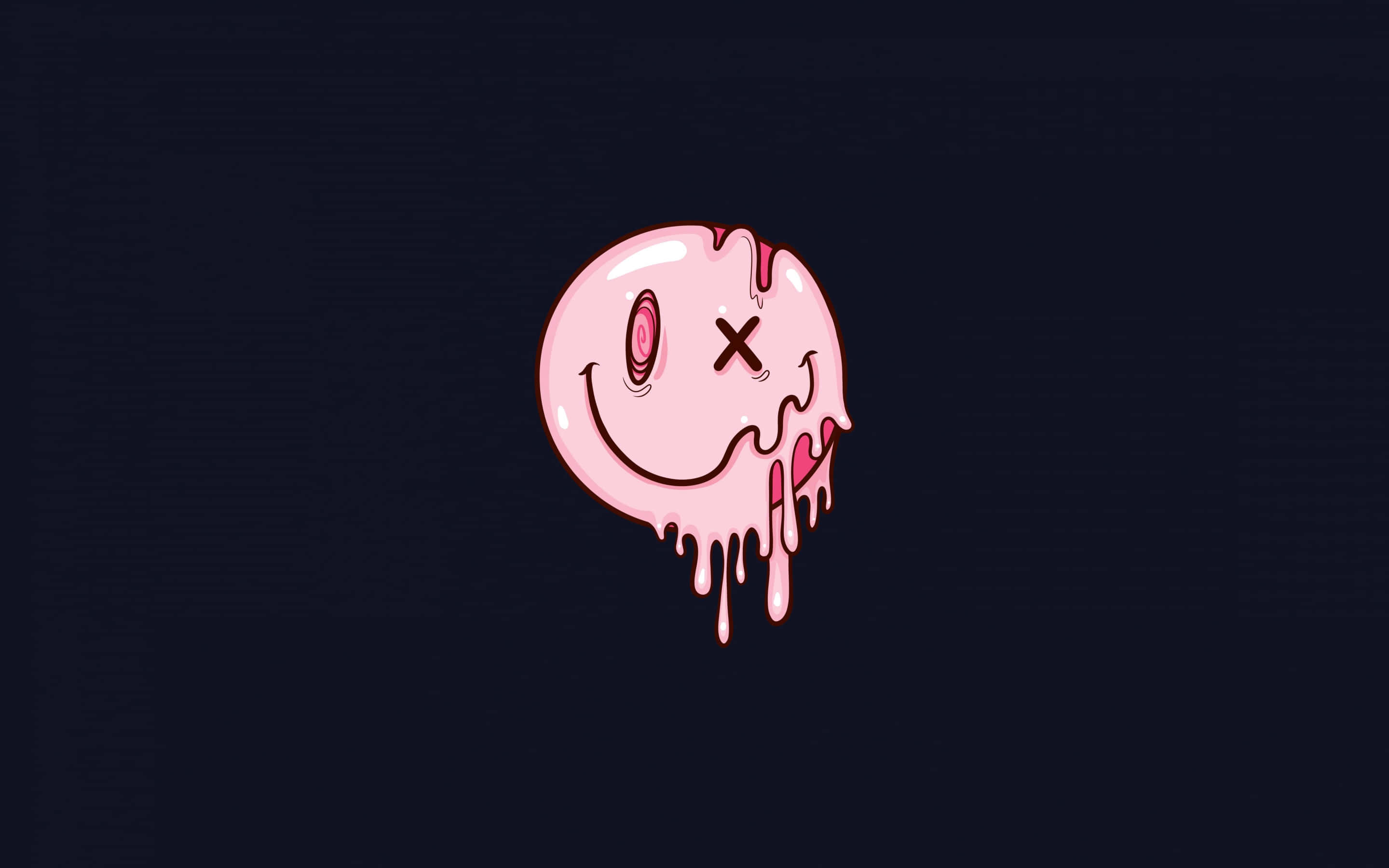 melting pink smiley face, X eyes, dark navy background, 2K Desktop Wallpaper