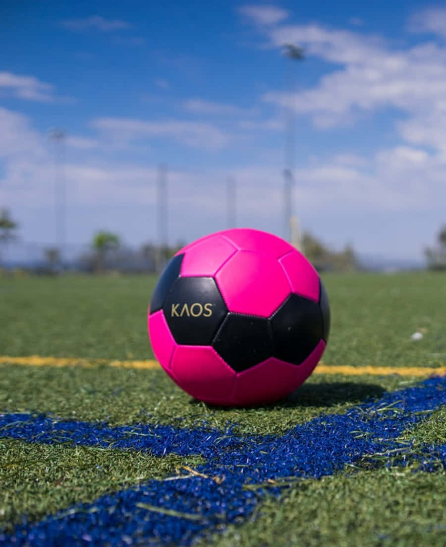 pink soccer ball, green artificial turf field, clear blue sky, SD Phone Wallpaper