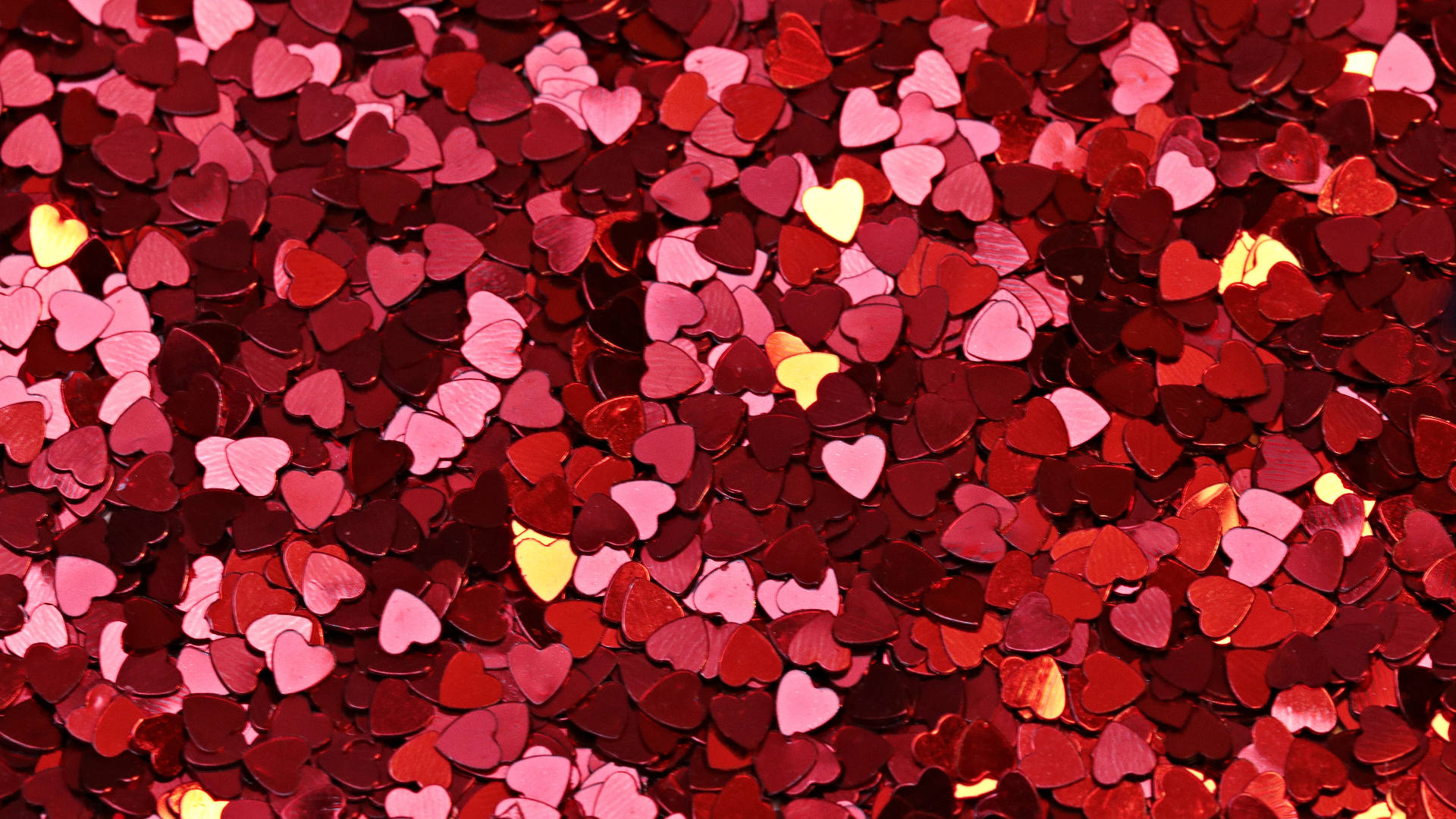 pink mini hearts sparkle, shiny red pink, gold heart-shaped confetti, Full HD Desktop Wallpaper