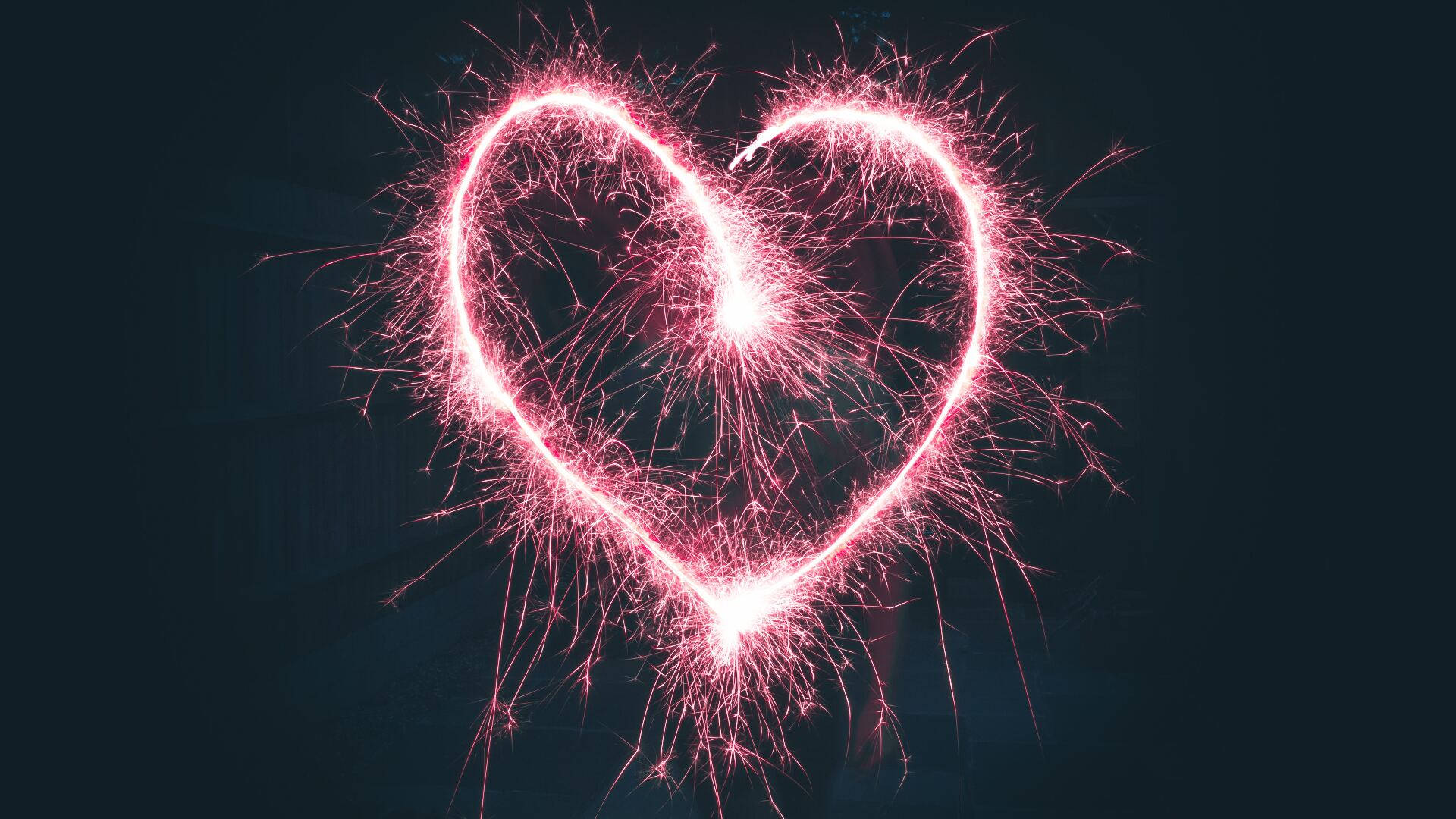 Big Pink Heart Shaped Sparkle, glowing pink heart-shaped sparkler, radiant sparks, Full HD Desktop Wallpaper