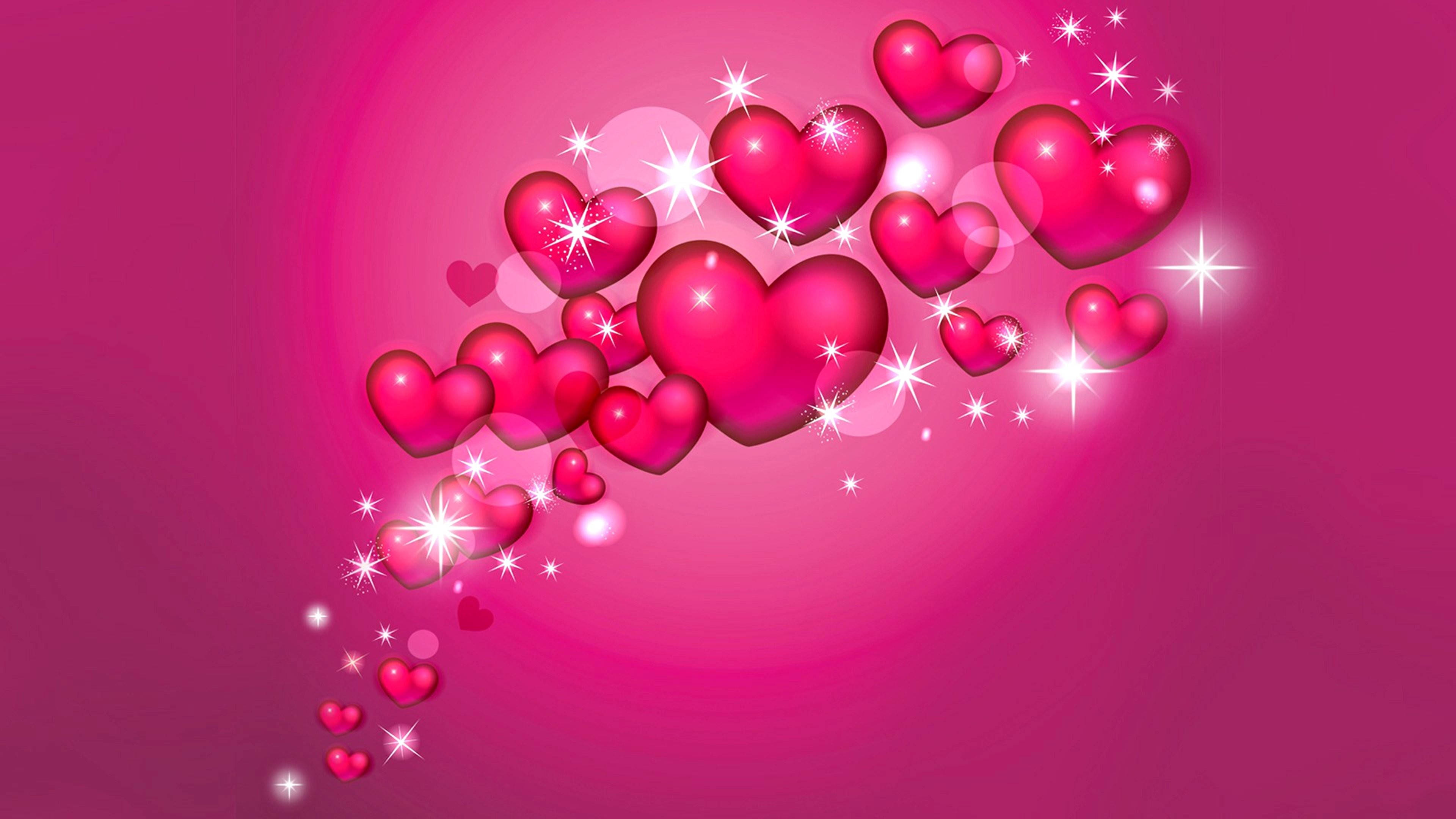 Pink Flying Hearts Sparkle, glowing pink hearts, sparkling stars, 4K Desktop Wallpaper