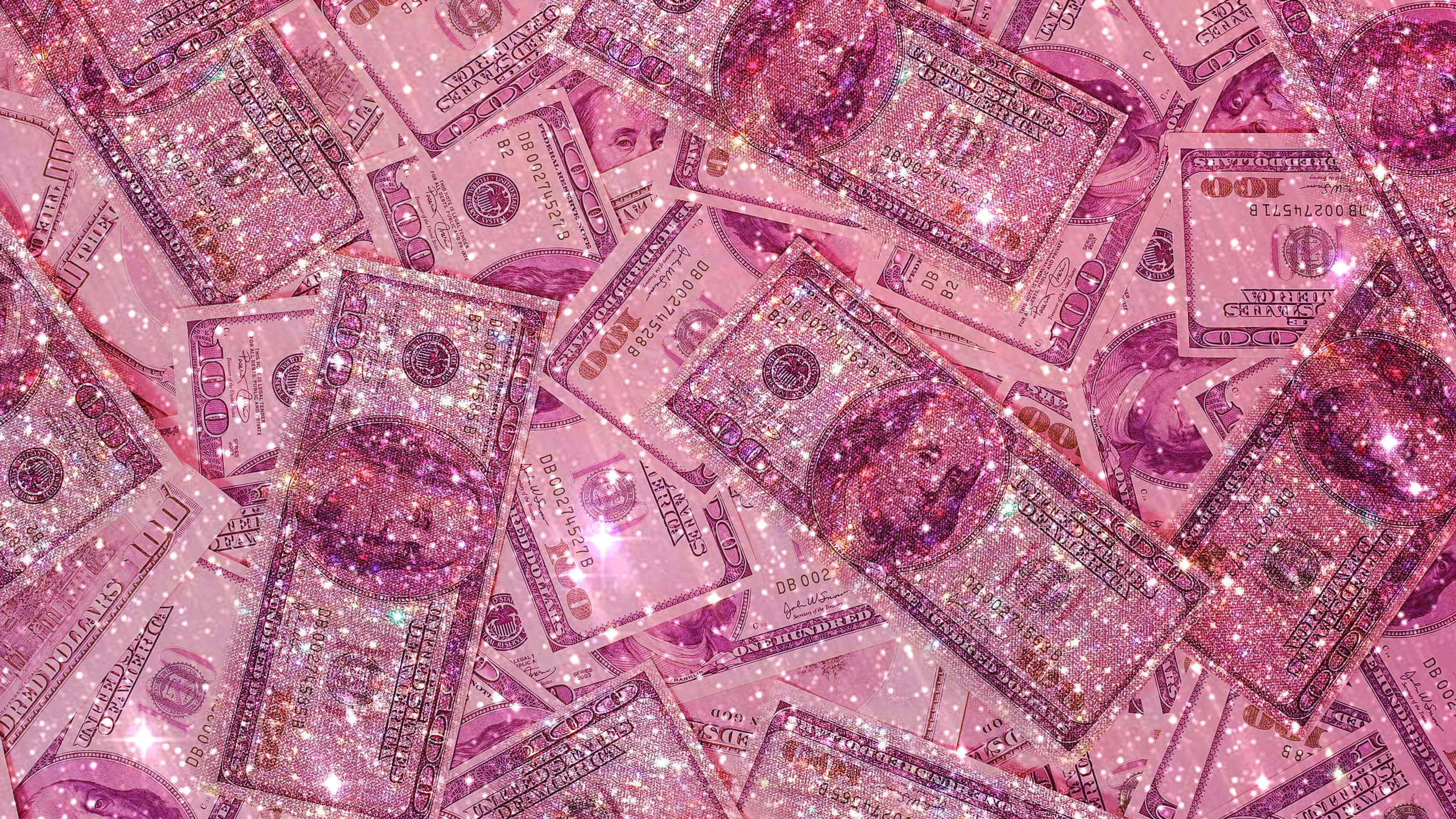 Pink Sparkles, glittery pink cascade, hundred-dollar bills, 2K Desktop Wallpaper