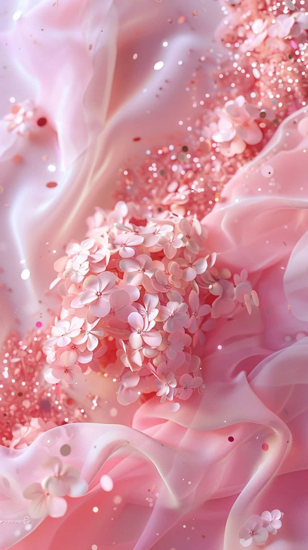 Pink Floral Fantasy Sparkle, soft pink hydrangeas, flowing fabric, Full HD Phone Wallpaper