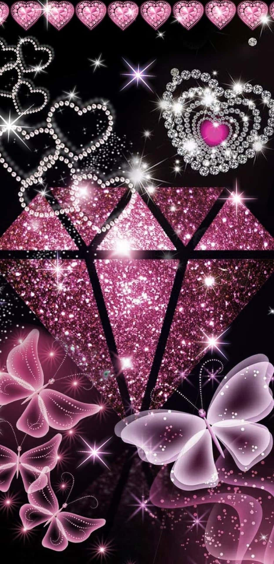 sparkling pink butterflyand diamonds, glittering pink diamond, sparkling butterflies, Full HD Phone Wallpaper