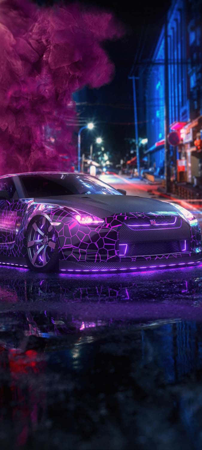 Pink Sports, neon purple lights, wet city street, HD Phone Wallpaper