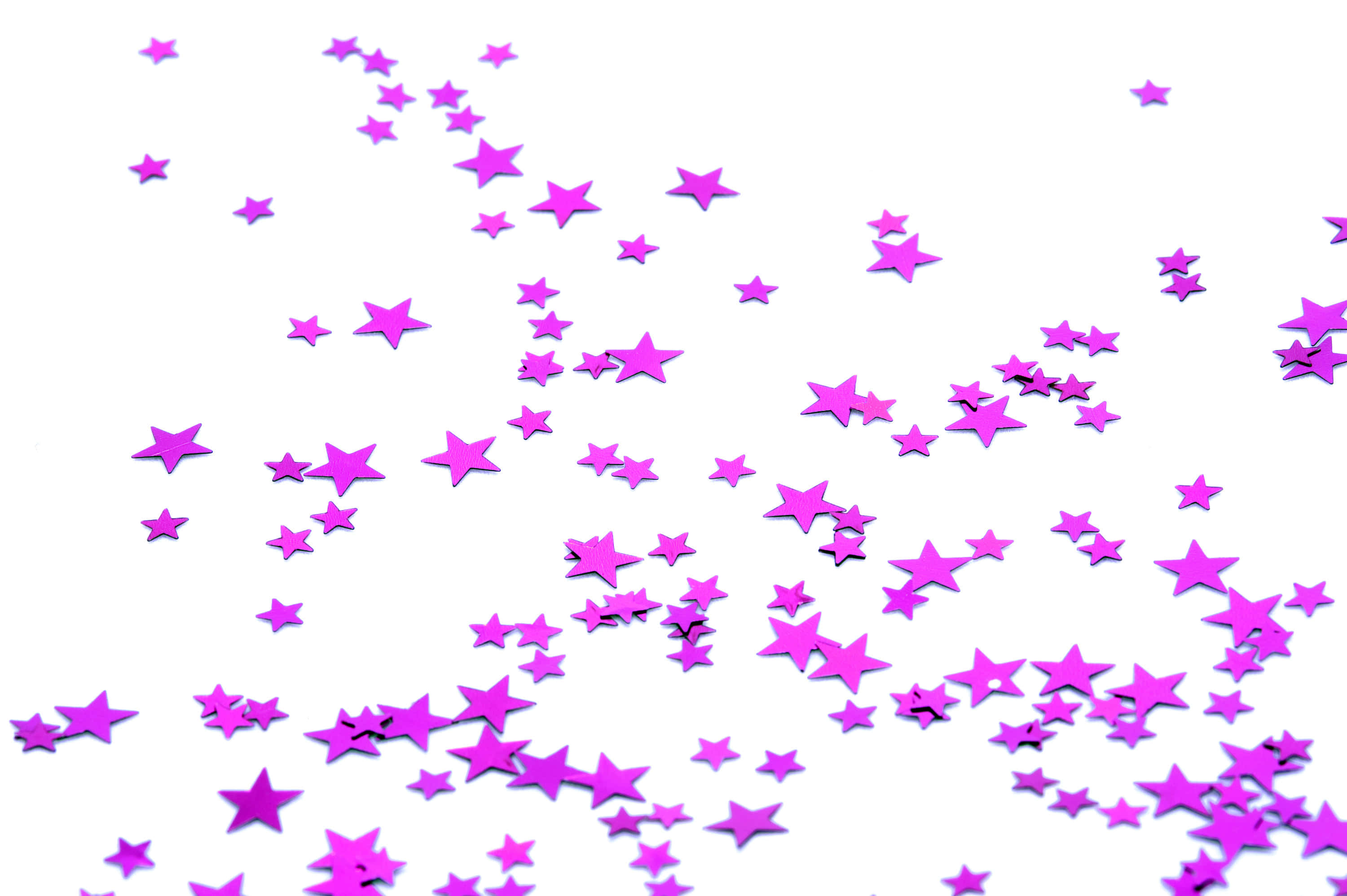 Pink Stars, vibrant purple star-shaped confetti, clean white background, 2K Desktop Wallpaper