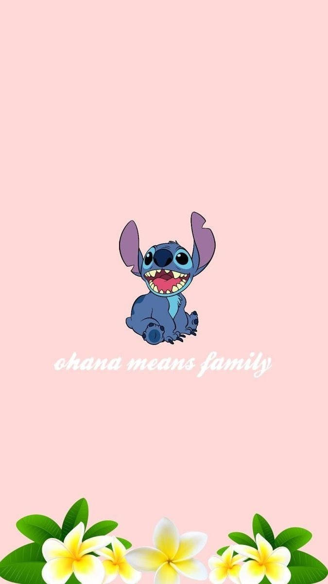 Pink Stitch, Ohana Quote, blue alien character, SD Phone Wallpaper
