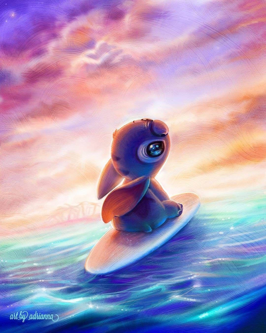 Pink Stitch, blue alien character, surfboard, HD Phone Wallpaper