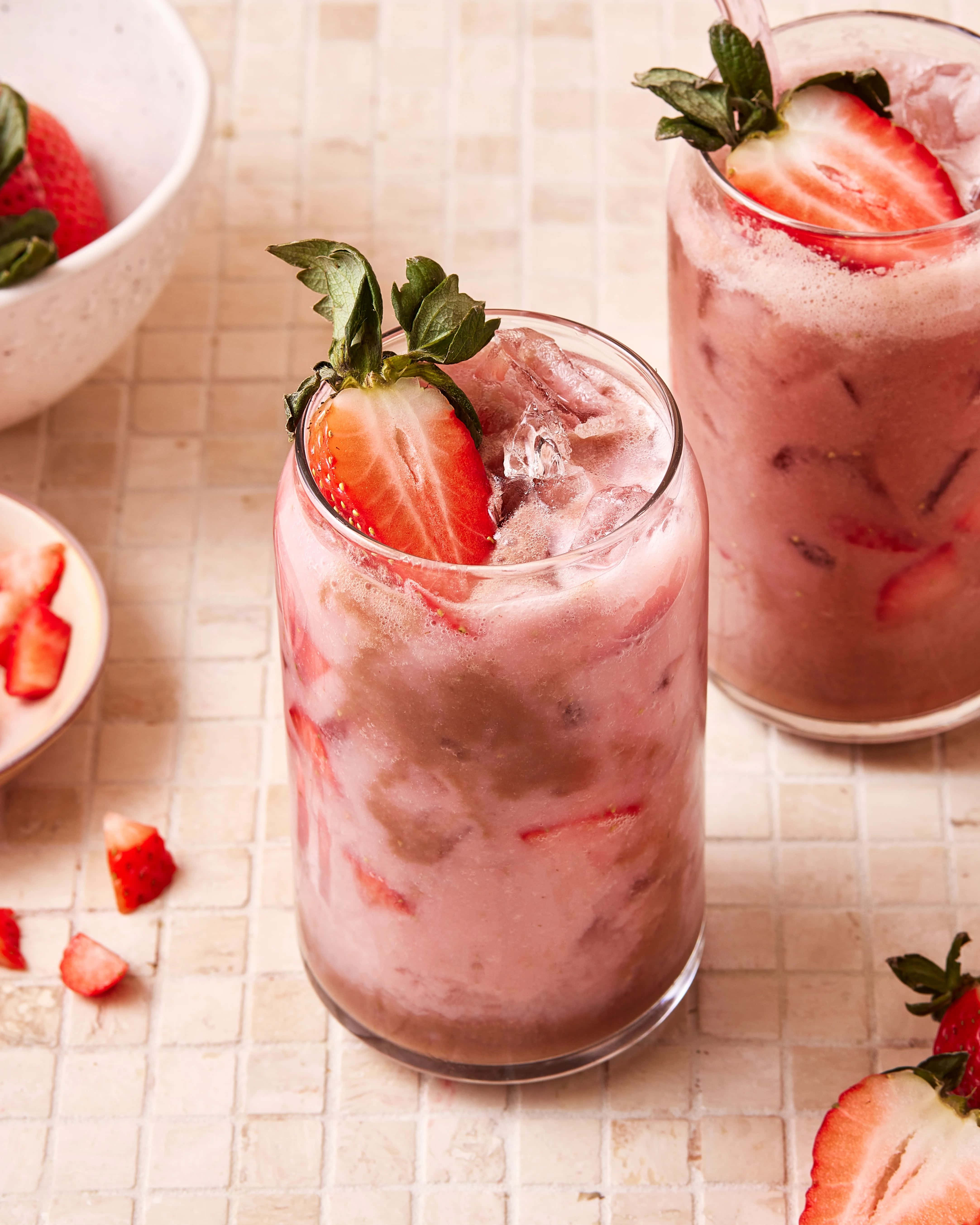 Pink Strawberry Cocktail Glass, pink strawberry iced drink, fresh mint, 5K Phone Wallpaper