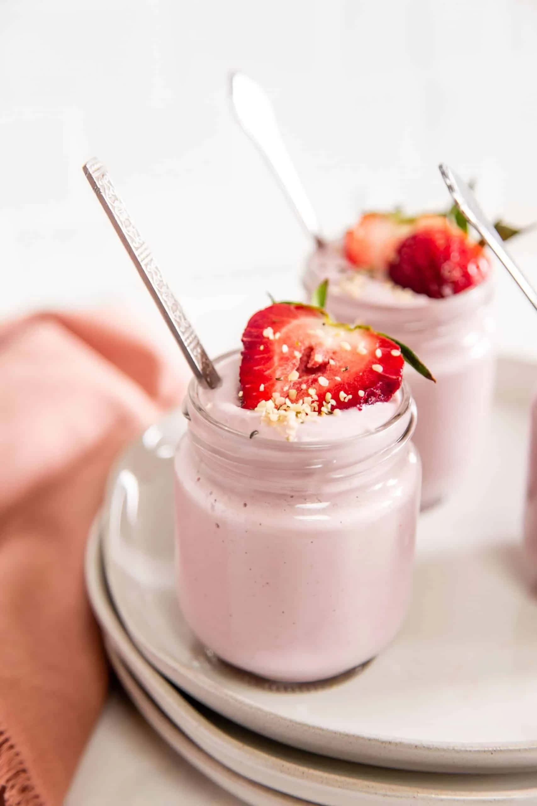 pink strawberry smoothie jars, glass jars, pink strawberry yogurt, 2K Phone Wallpaper