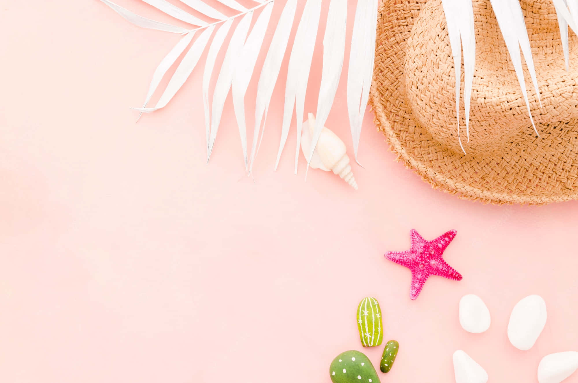 Pink Summer, straw hat, seashells, Full HD Desktop Wallpaper