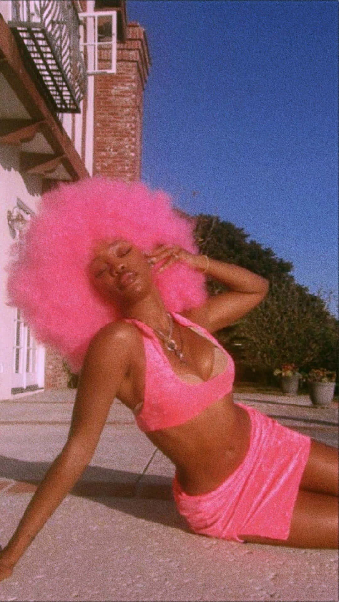 pink afro, pink velvet bikini, pavement, HD Phone Wallpaper