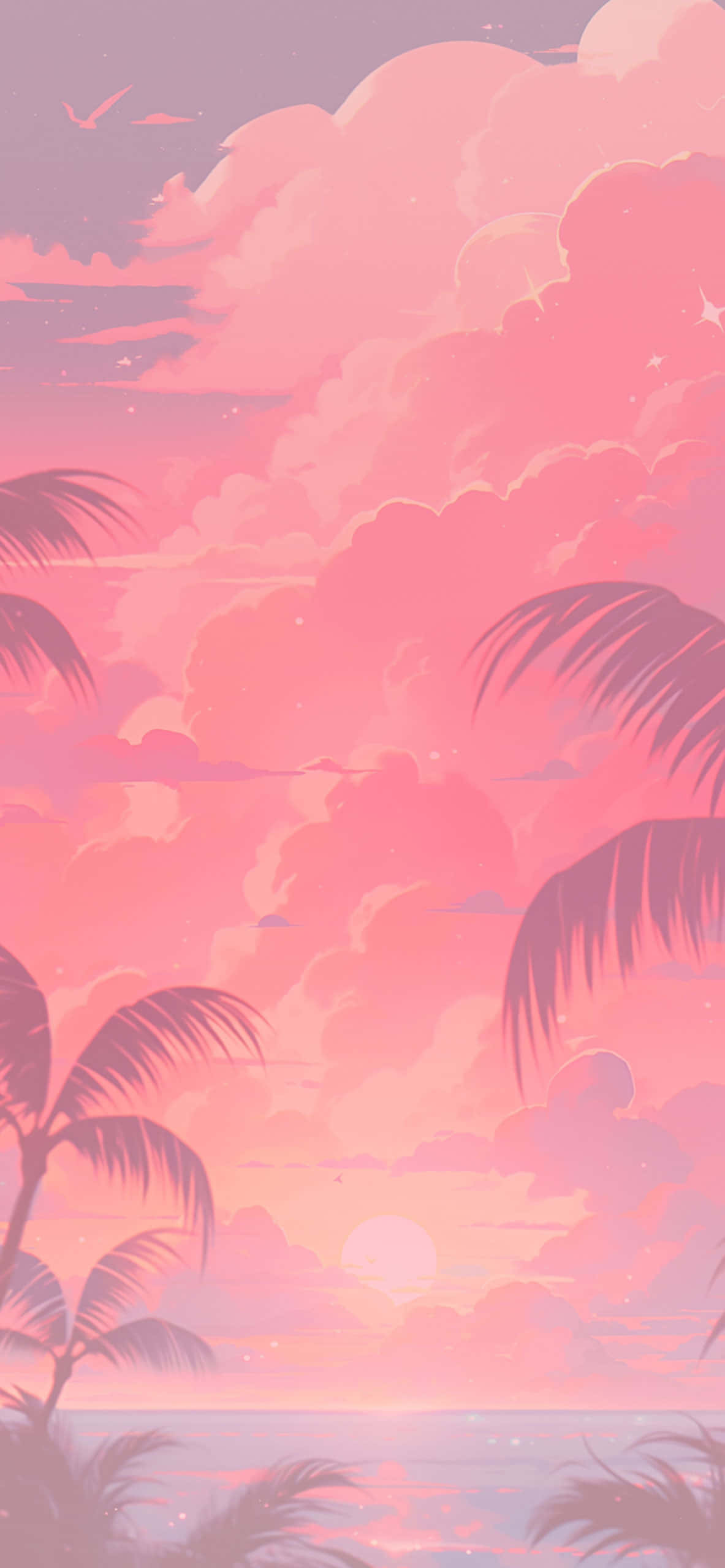 Pink Summer Beach Sunset Aesthetic, pink and purple clouds, calm ocean, 2K Phone Wallpaper