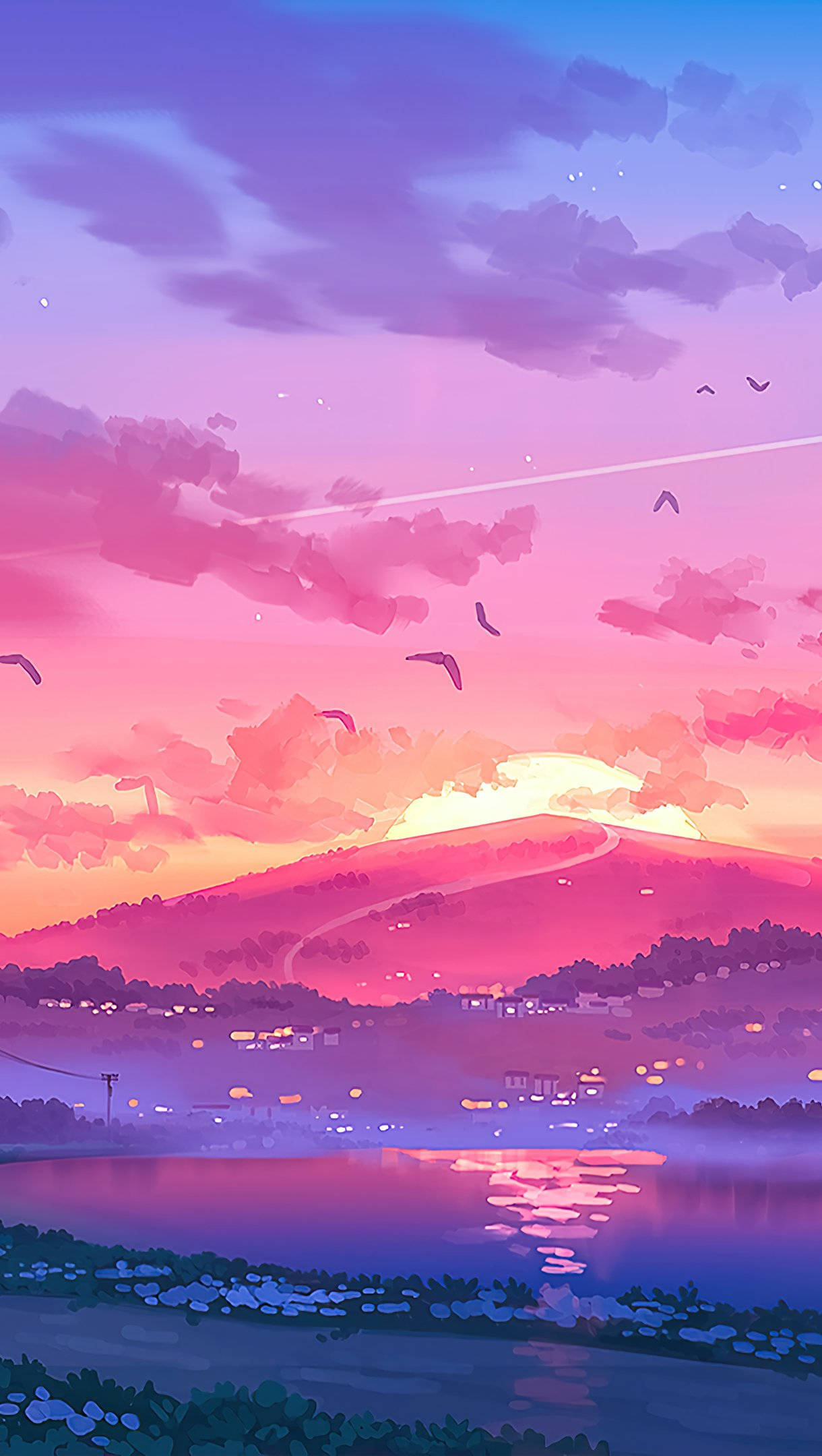Pink Sunset iPhone, anime-style sunset, mountainous landscape, Full HD Phone Wallpaper