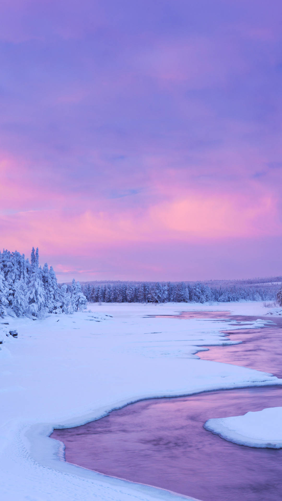 pink sunset, iPhone, snowy forest, Full HD Phone Wallpaper
