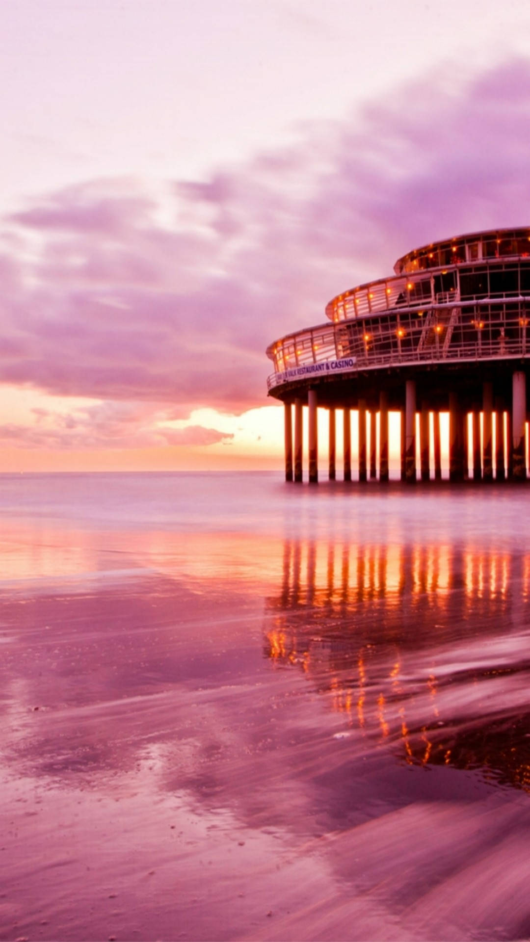 pink sunset, curved pier casino, purple and orange sunset sky, Full HD Phone Wallpaper
