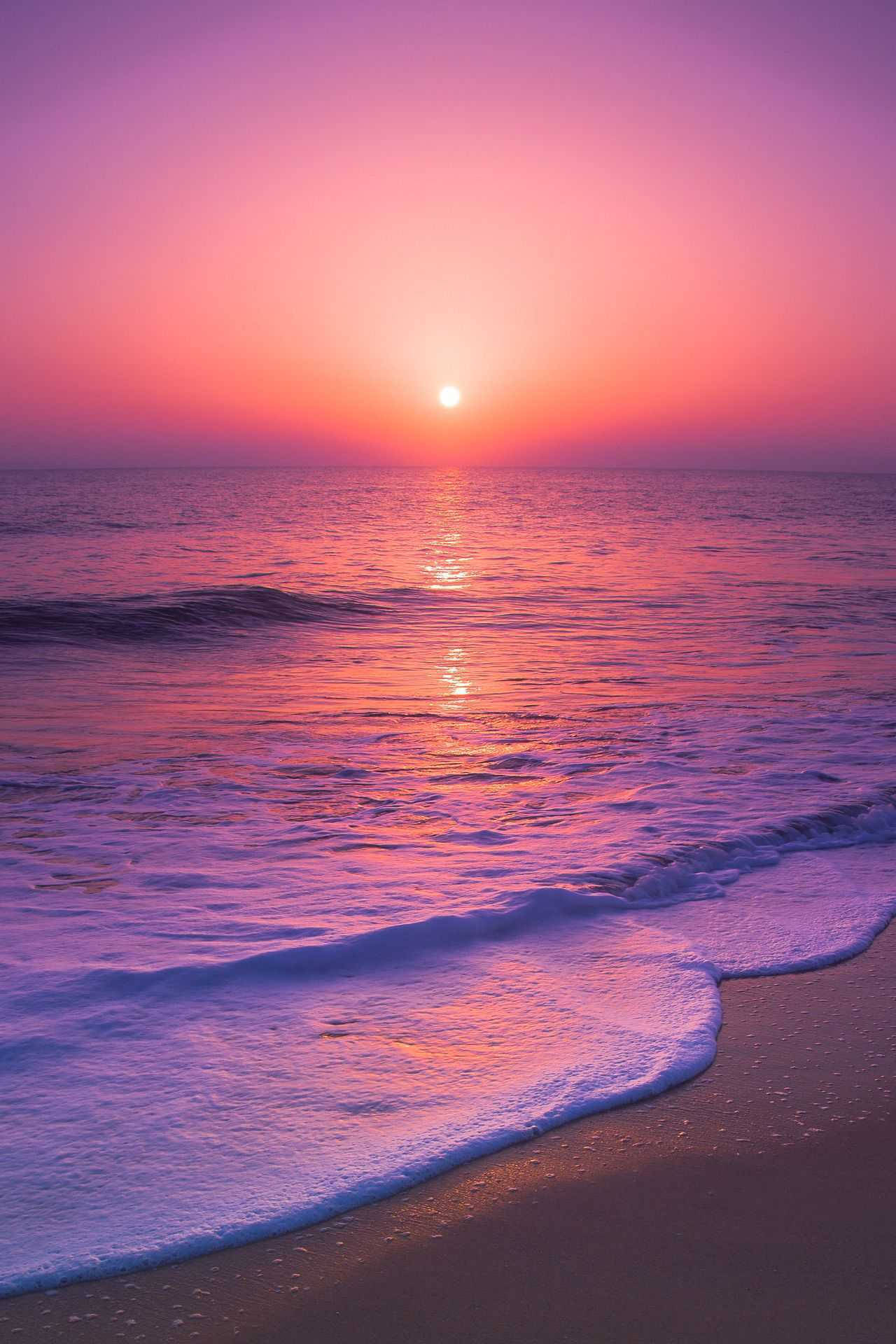 Pink Sunset, ocean, sandy shore, Full HD Phone Wallpaper