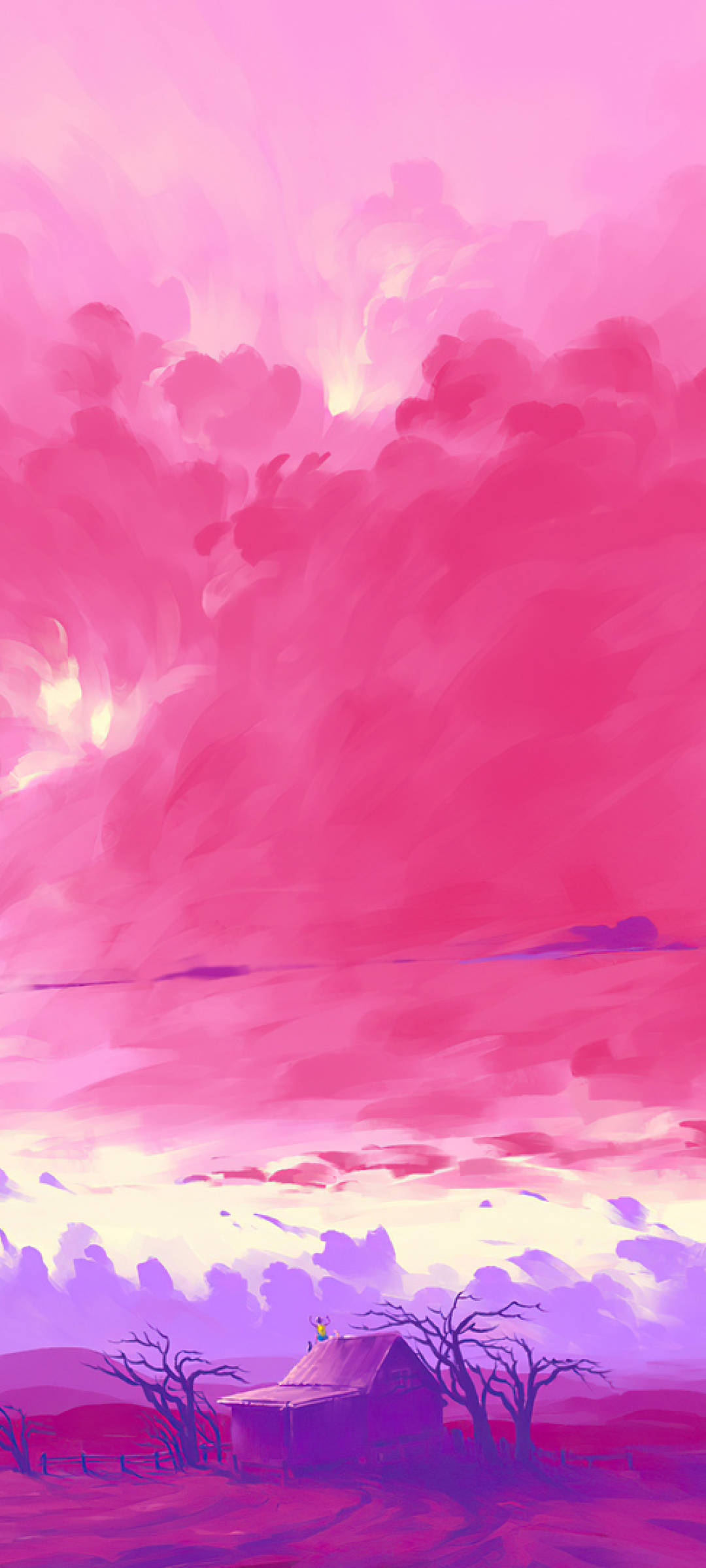 pink sunset iphone, purple farmhouse, vast sky, Full HD Phone Wallpaper