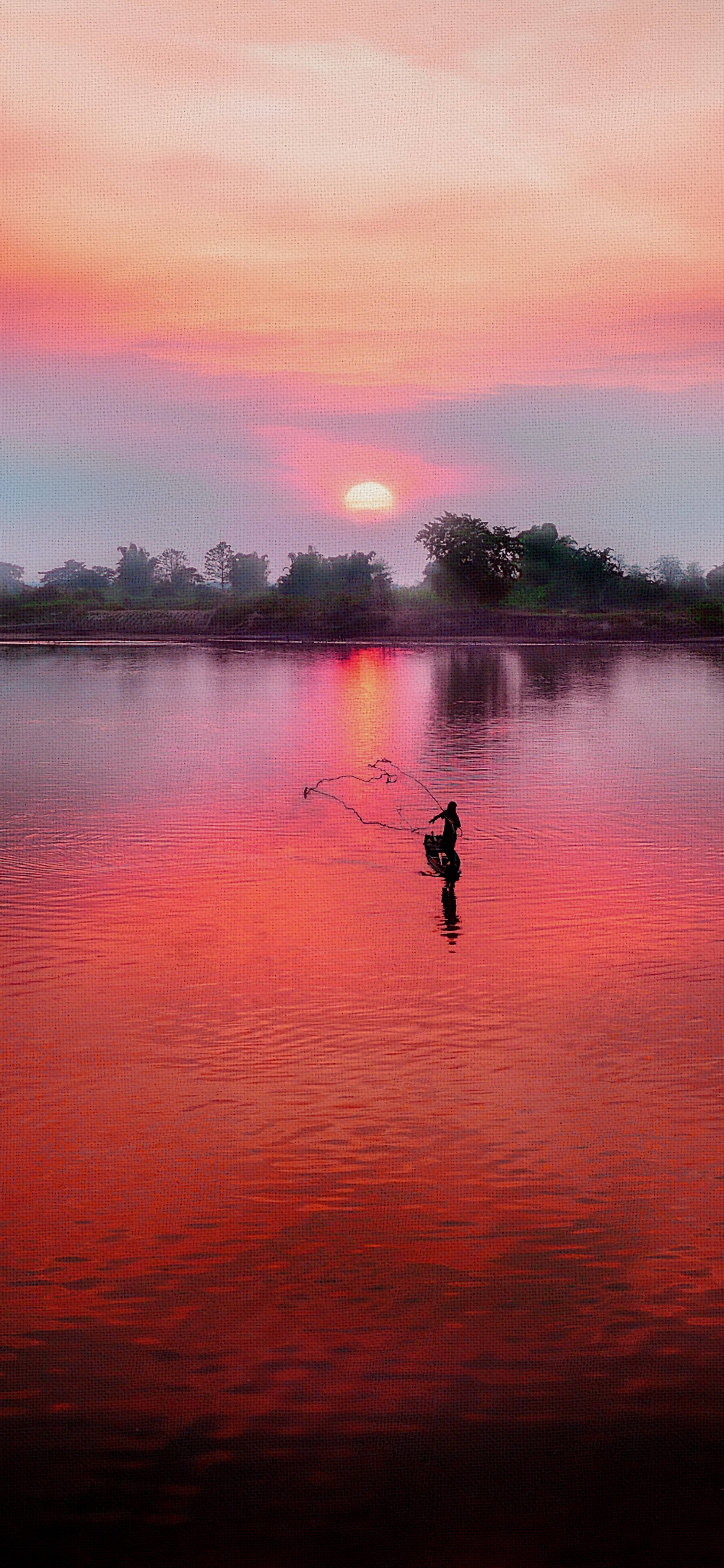 pink sunset, iPhone, fisherman, 4K Phone Wallpaper