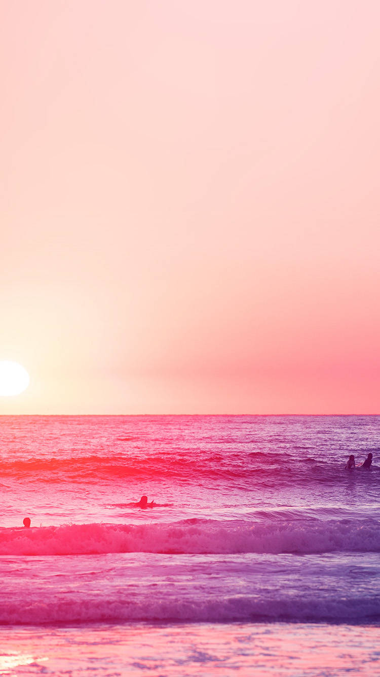 pink sunset, ocean, surfers, HD Phone Wallpaper