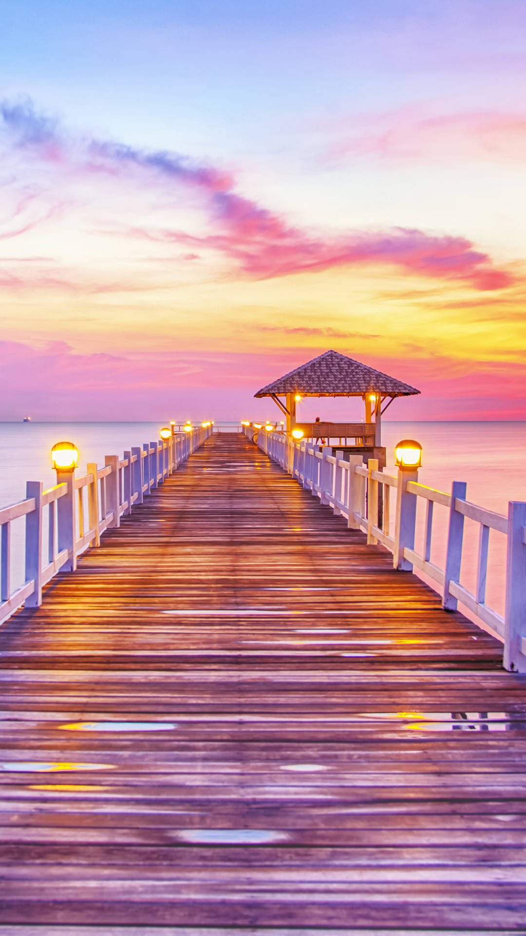 wooden pier, sunset sky, pink, Full HD Phone Wallpaper