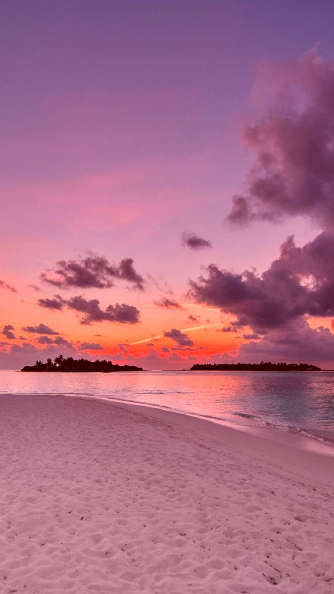 pink sunset, iPhone, tropical beach, Full HD Phone Wallpaper