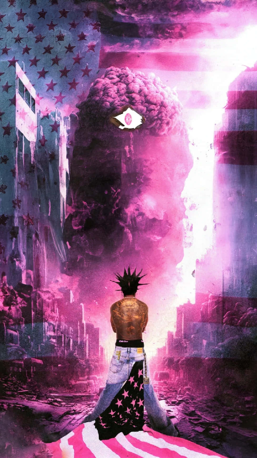 Pink Tape, mushroom cloud shaped like a face, pink and purple dystopian cityscape, Full HD Phone Wallpaper