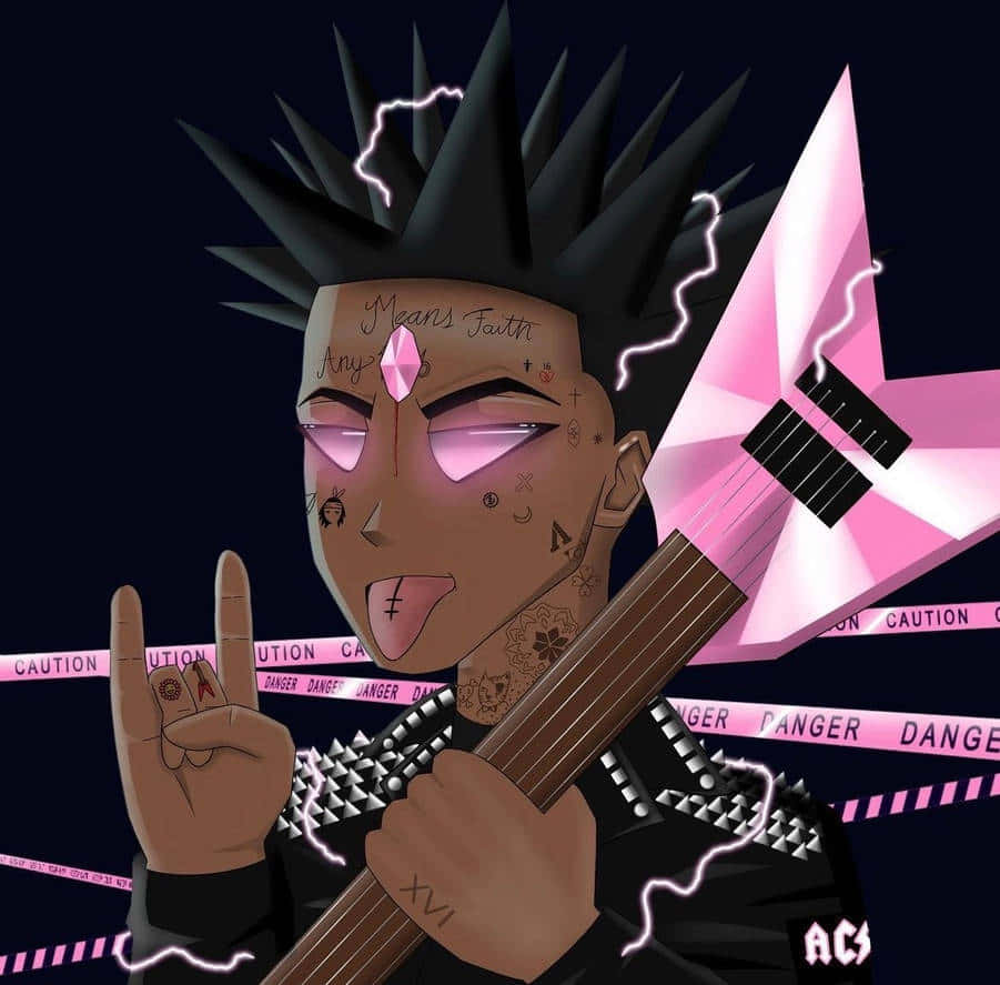 Pink Tape, pink geometric guitar, spiky black hair, SD Desktop Wallpaper