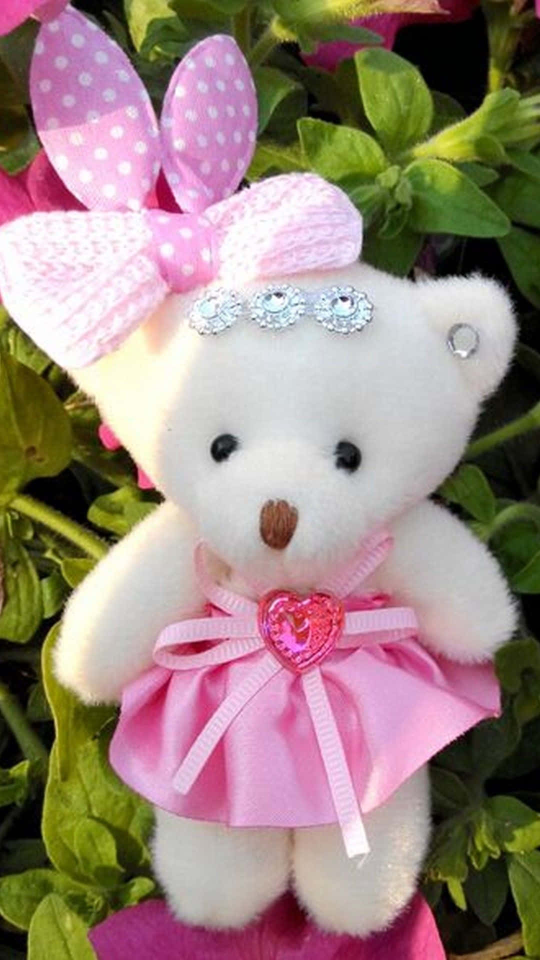 pink teddy bear, pink polka-dot bow headband, pink satin dress, Full HD Phone Wallpaper