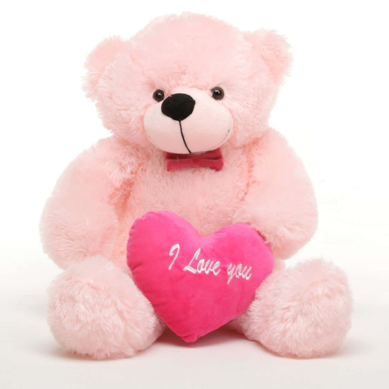 pink teddy bear, bright pink heart pillow, white cursive text, HD Desktop Wallpaper