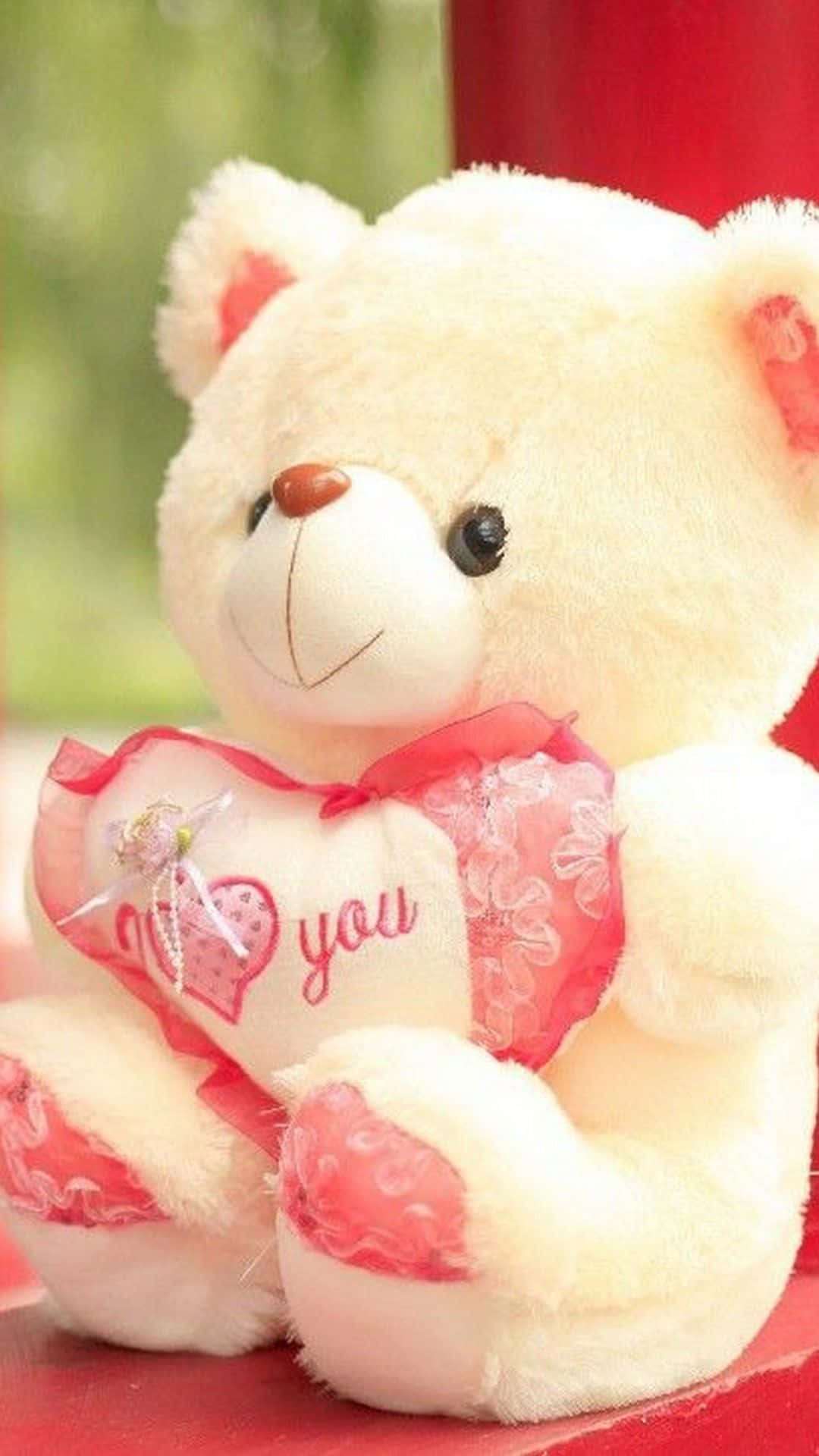 pink teddy bear, red accents, heart-shaped pillow, Full HD Phone Wallpaper