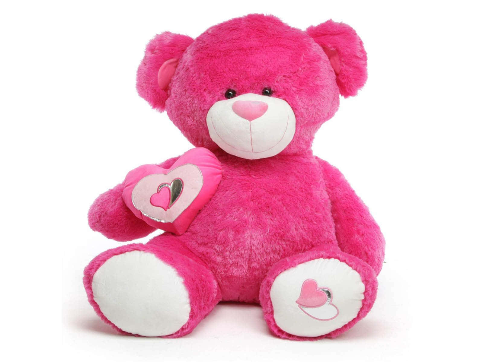 pink teddy bear, fluffy, heart-shaped pillow, HD Desktop Wallpaper