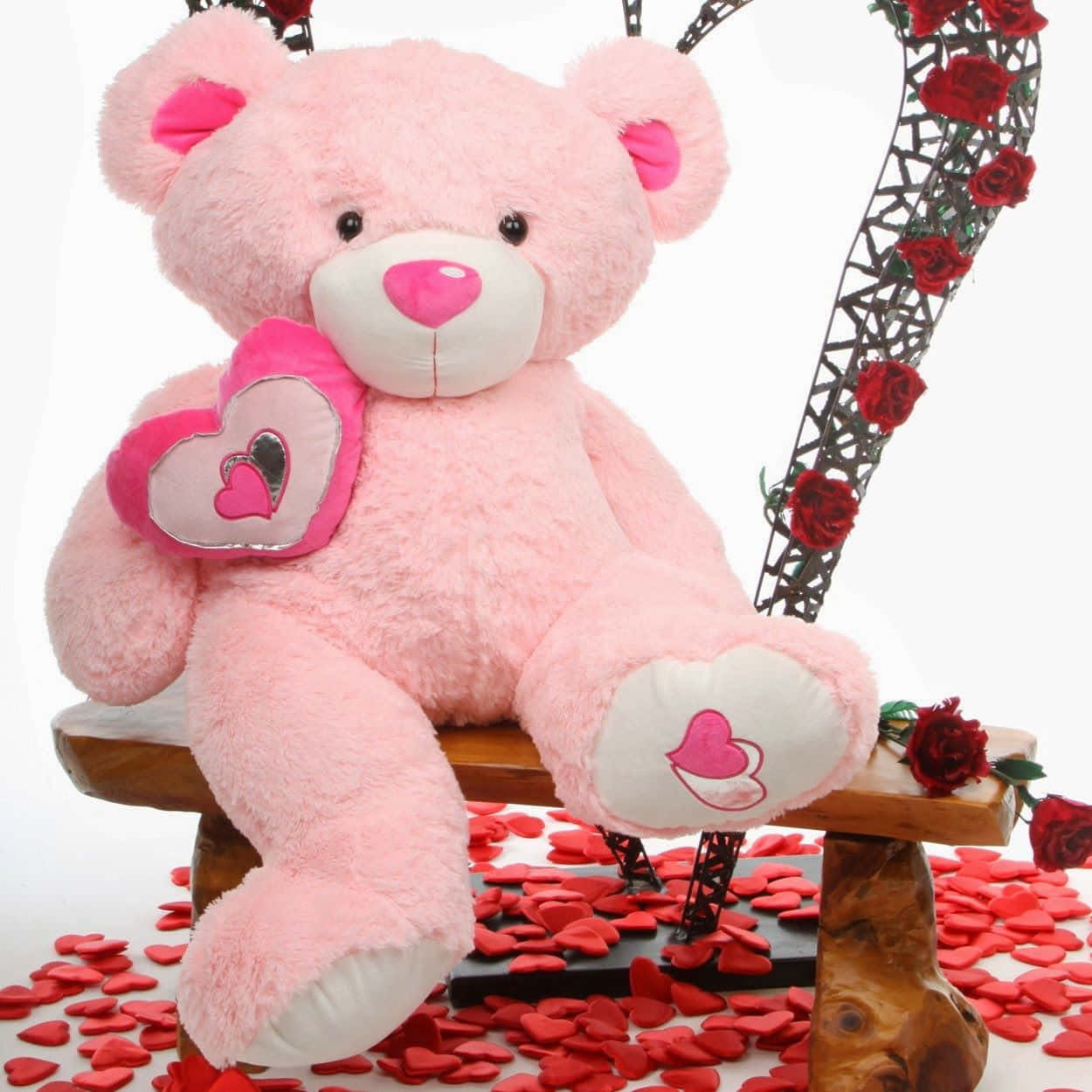 pink teddy bear, heart pillow, wooden bench, SD Desktop Wallpaper