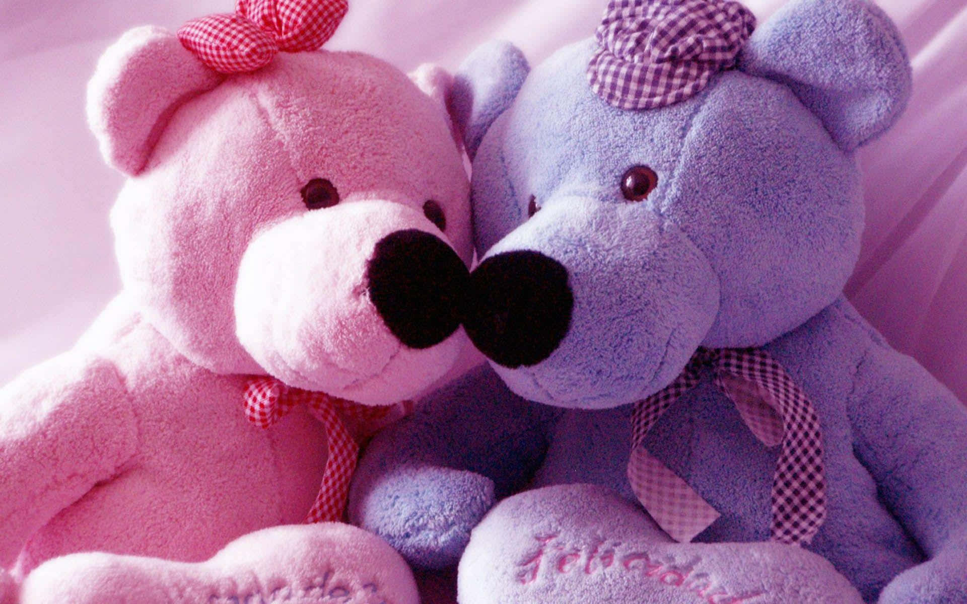 pink teddy bear, blue teddy bear, checkered bows, Full HD Desktop Wallpaper
