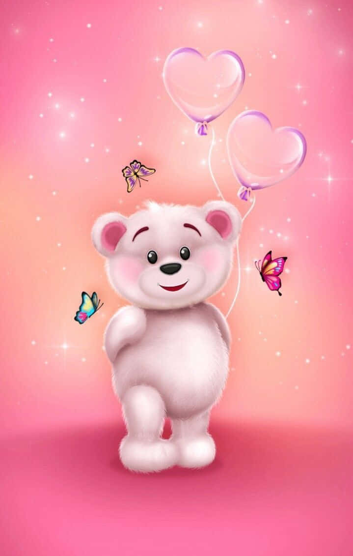 pink teddy bear, heart-shaped balloons, butterflies, SD Phone Wallpaper