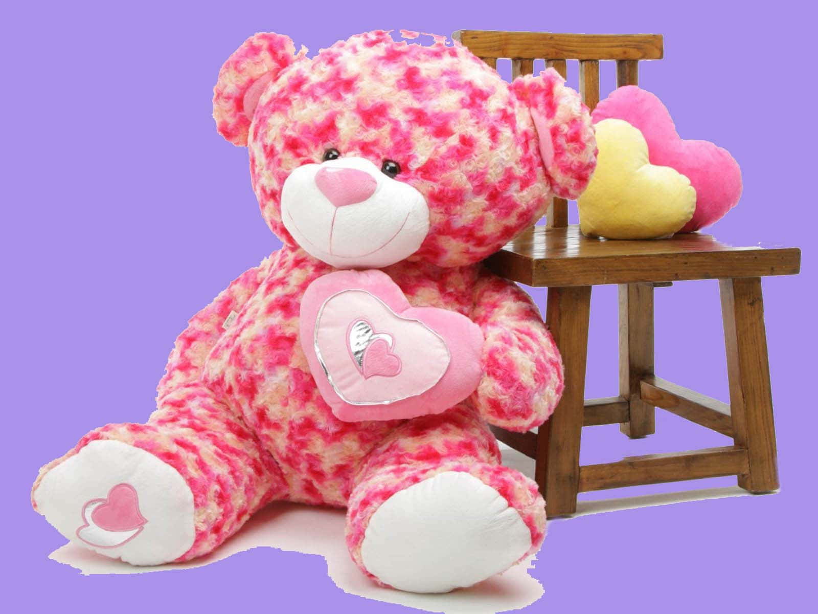 pink teddy bear, heart pillow, wooden chair, HD Desktop Wallpaper